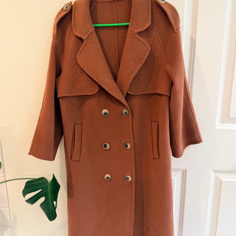 Women's Double-Breasted Wool Coat - Rust Brown